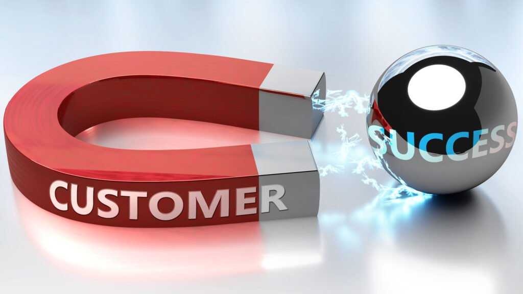 Customer helps achieving success - pictured as word Customer and a magnet, to symbolize that Customer attracts success in life and business, 3d illustration.